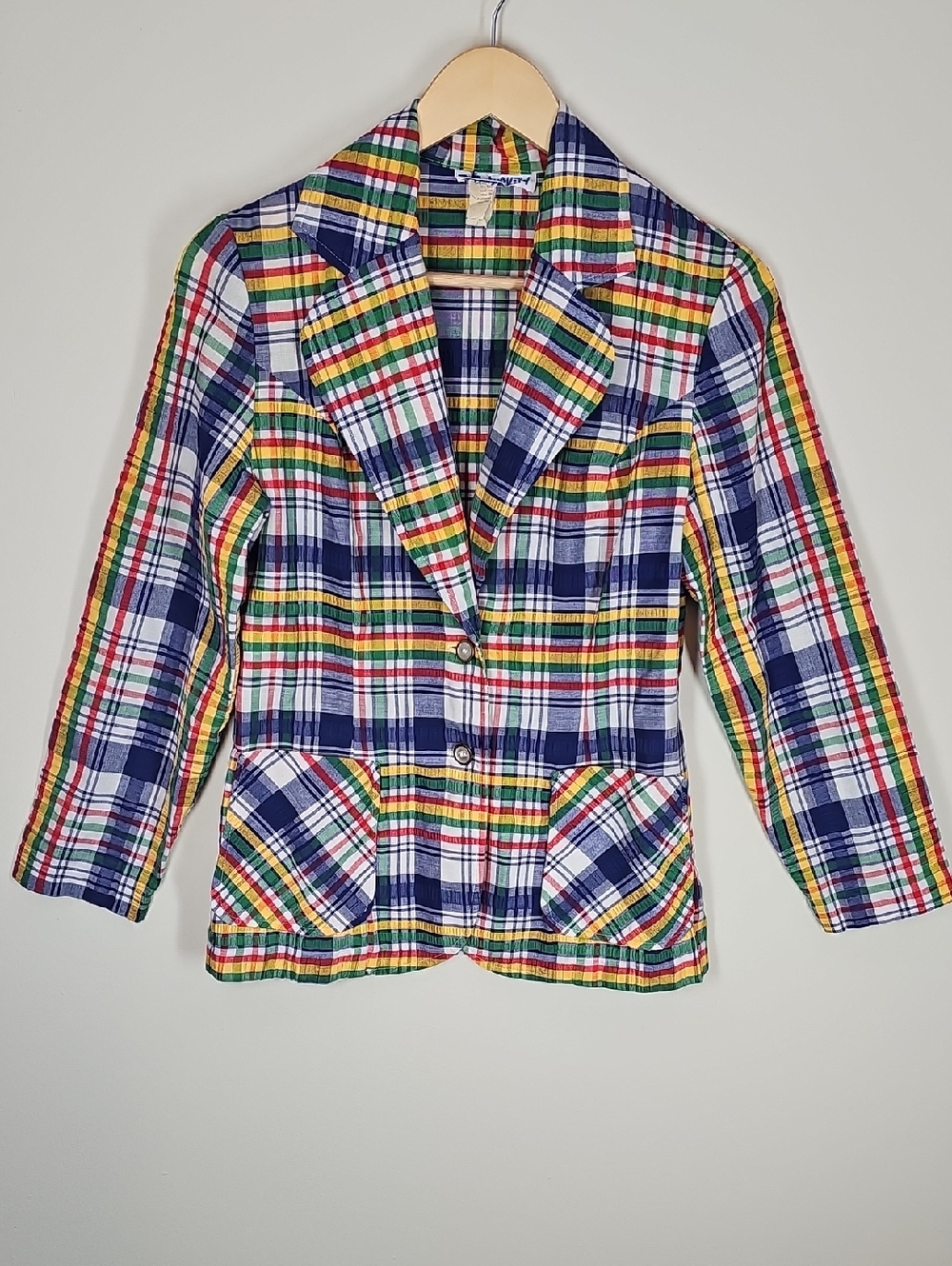 Vtg 70's Persnickity Seersucker Madras Plaid Blazer Sz 12 Rainbow Preppy Cotton